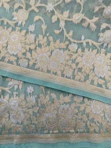 Silk Organza Saree | Light Sea Green | Gold & Silver Zari | Handwoven | Ships from California